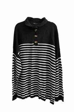 SHEIN FIT+ Plus Size Black and White Striped Long Sleeve Button Neck Polo Sweate